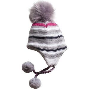 Girls' Striped Knit Earflap Hat With Pom-Poms & Faux Fur Tassel